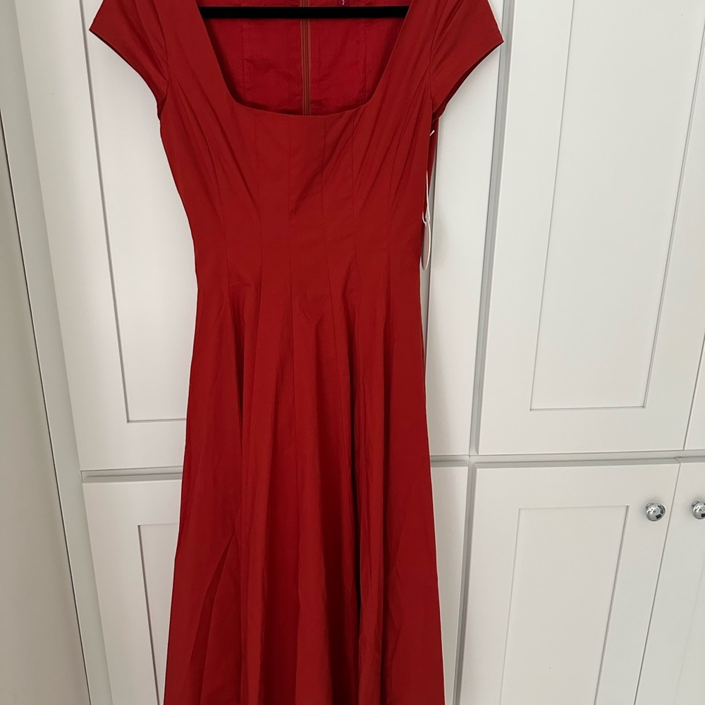 STAUD Red A-Line Midi Dress with Square Neck Wells Size 2
